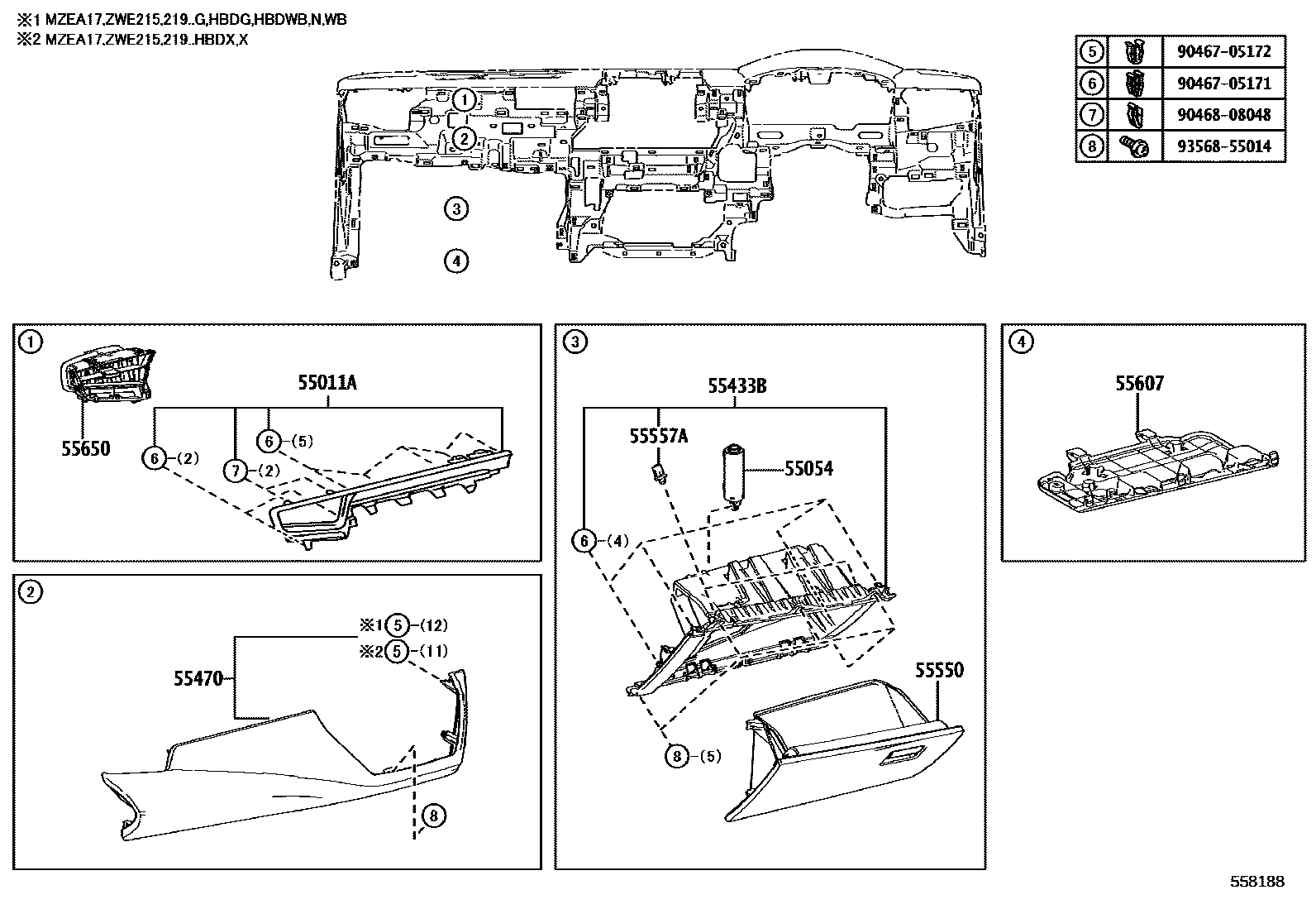Toyota COROLLA 仪表板和手套箱 EPC diagram — 558188