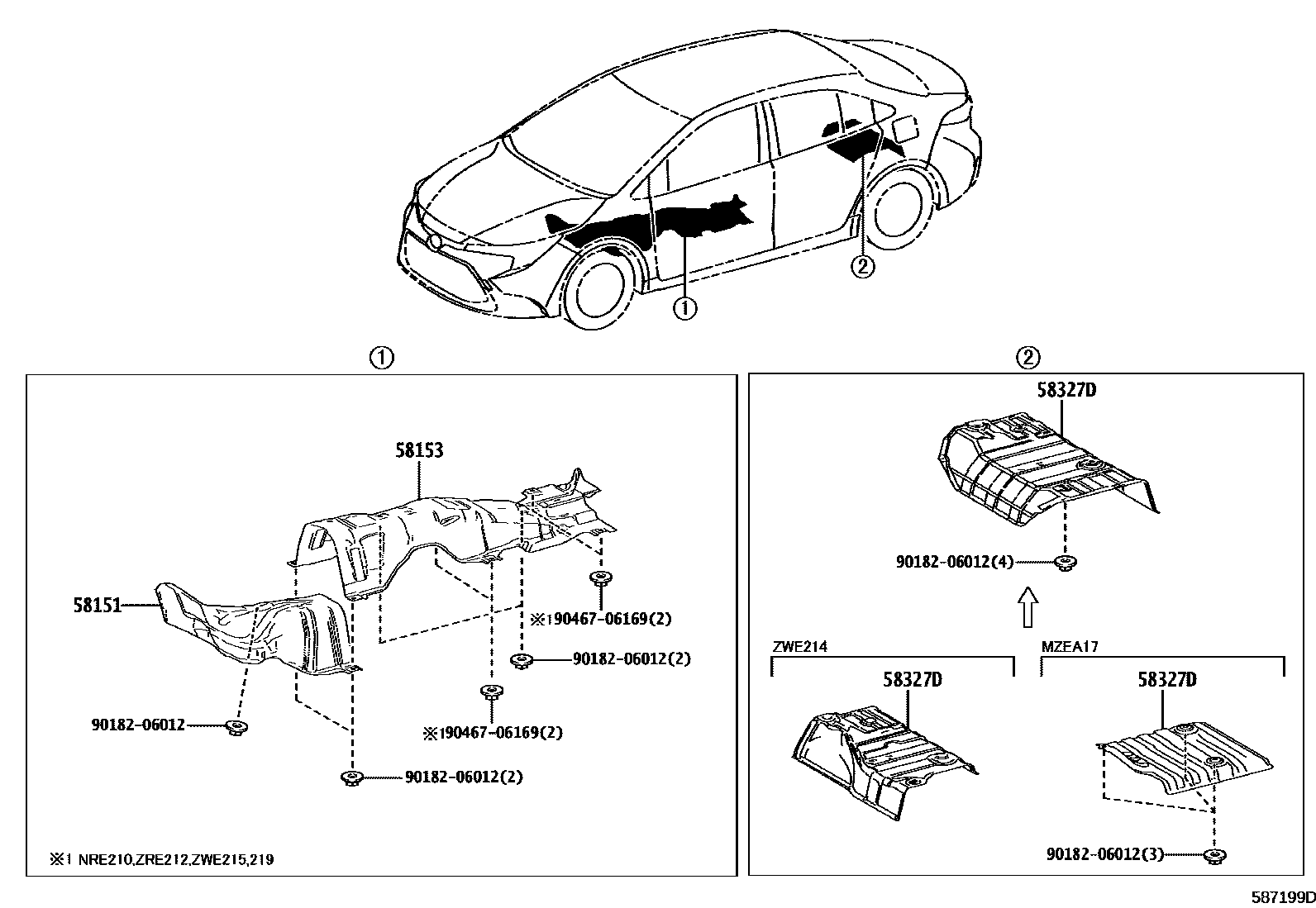 Toyota COROLLA 地板隔热垫 EPC diagram — 587199D