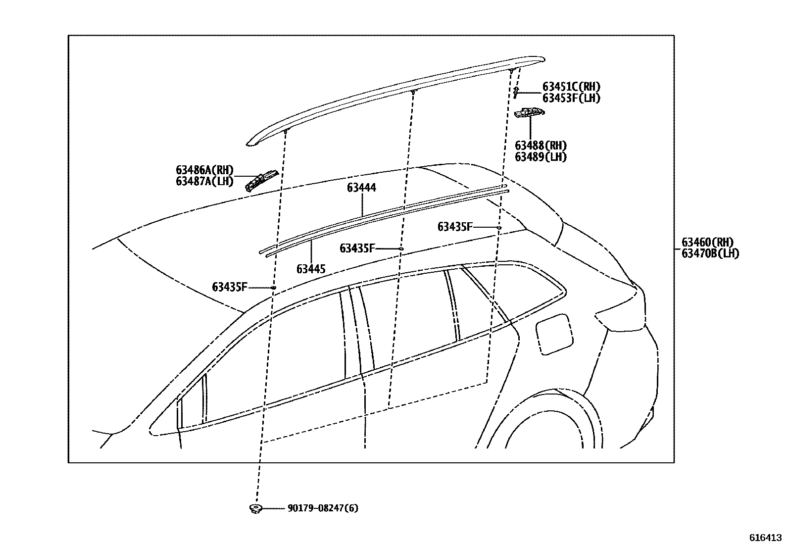 Toyota COROLLA 天窗板和背窗玻璃 EPC diagram — 616413