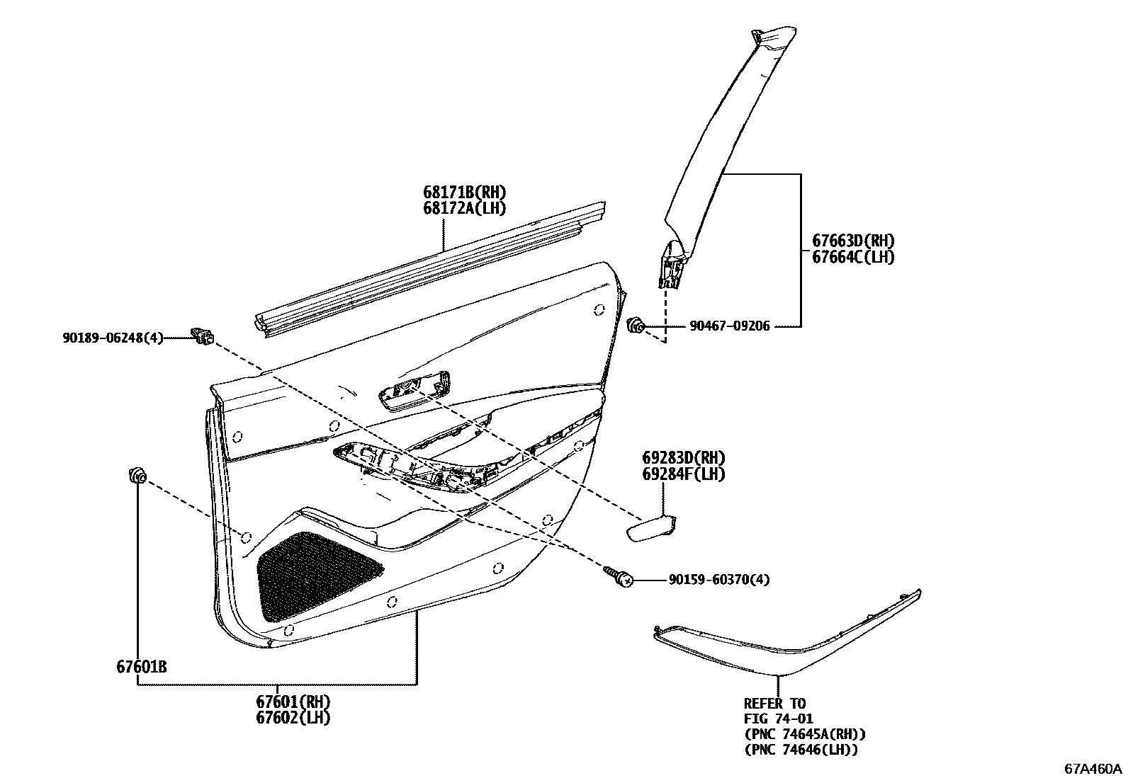 Toyota COROLLA 前门板和前门玻璃 EPC diagram — 67A460A
