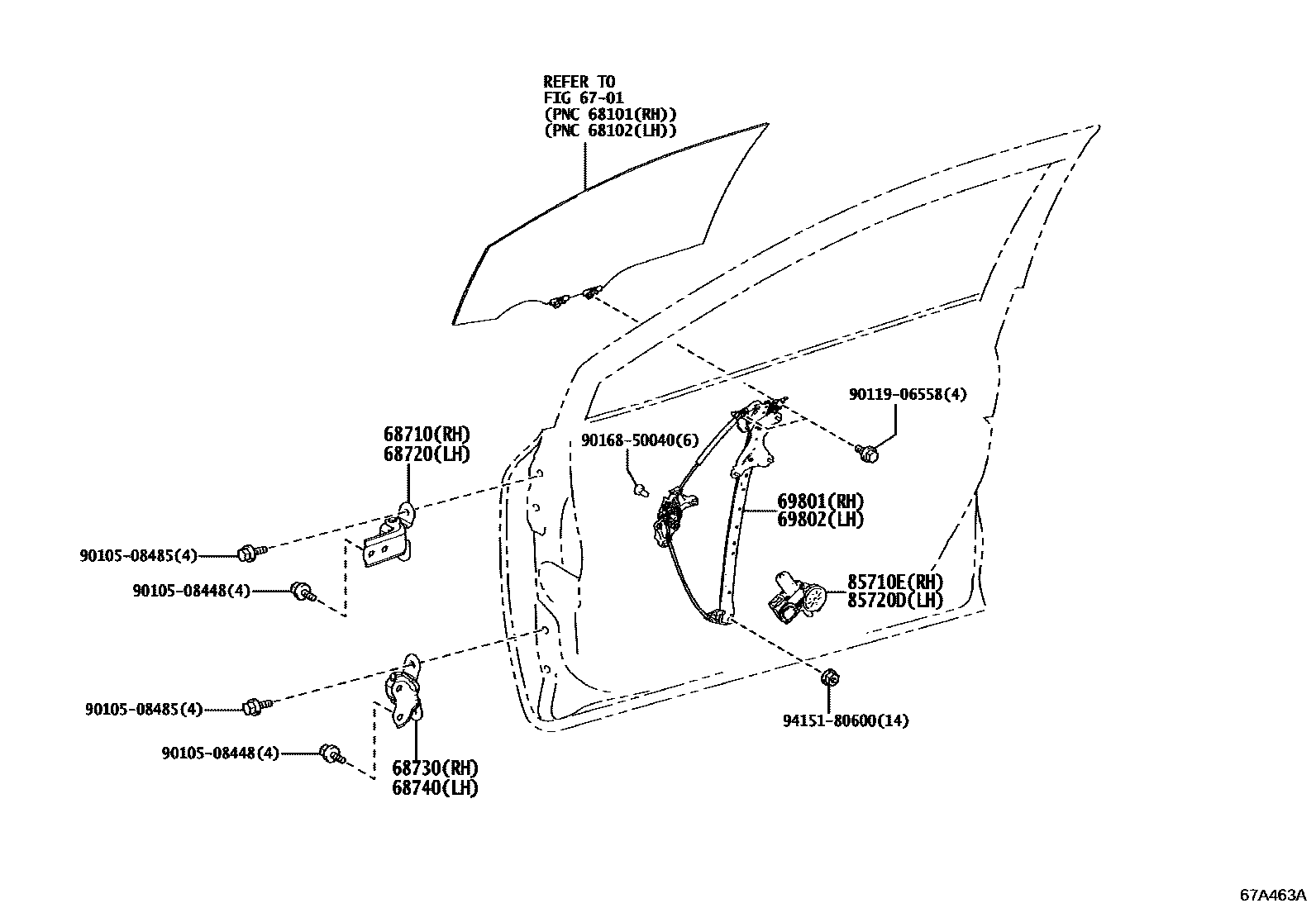 Toyota COROLLA 前门车窗升降器和合页 EPC diagram — 67A463A