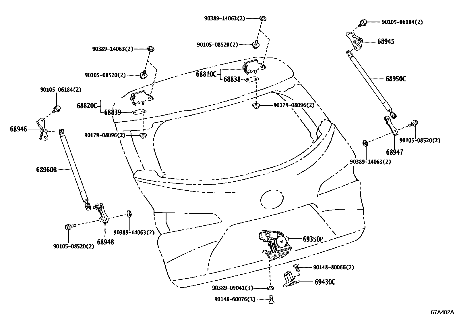Toyota COROLLA 背门锁和背门把手 EPC diagram — 67A482A