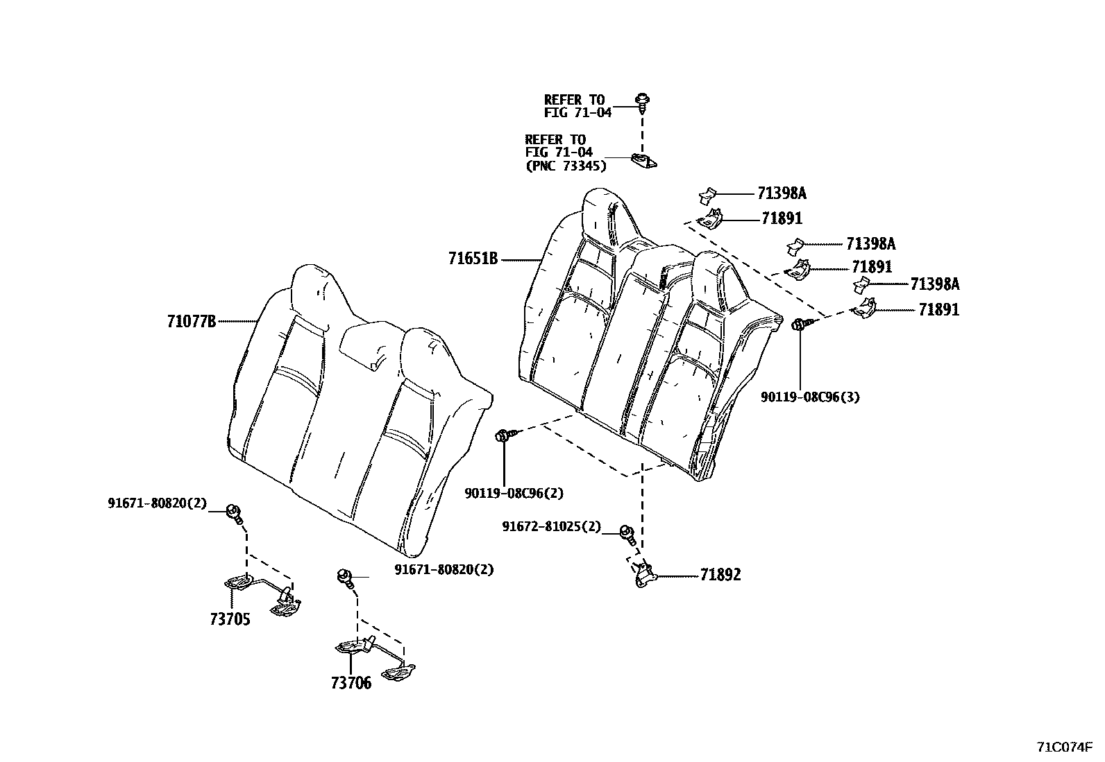 Toyota COROLLA 后排座椅和座椅滑轨 EPC diagram — 71C074F