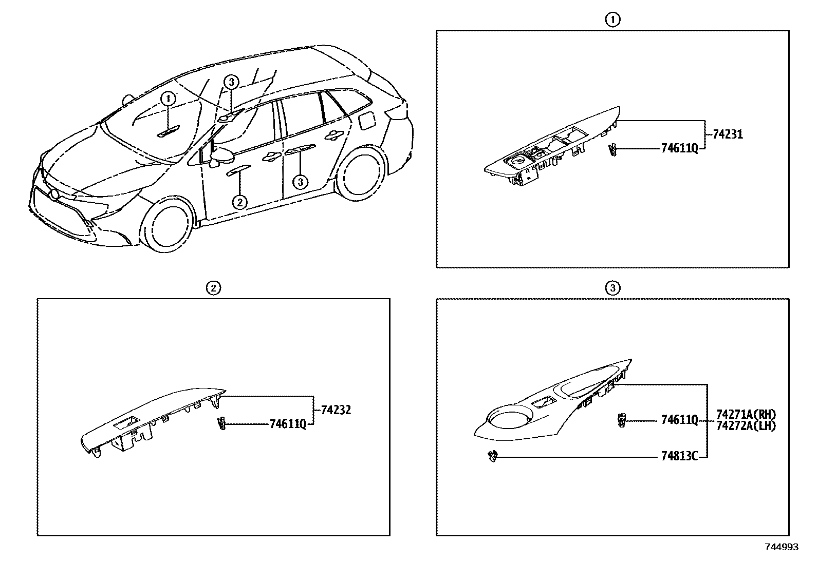 Toyota COROLLA 扶手和遮阳板 EPC diagram — 744993