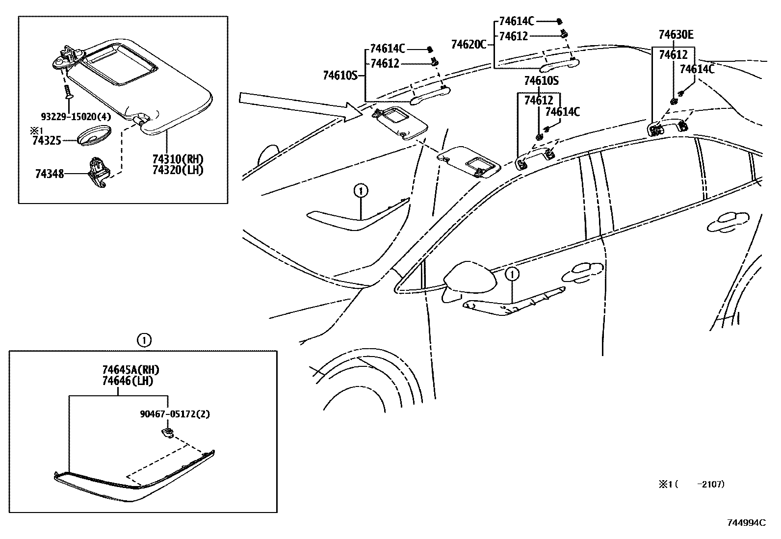 Toyota COROLLA 扶手和遮阳板 EPC diagram — 744994C