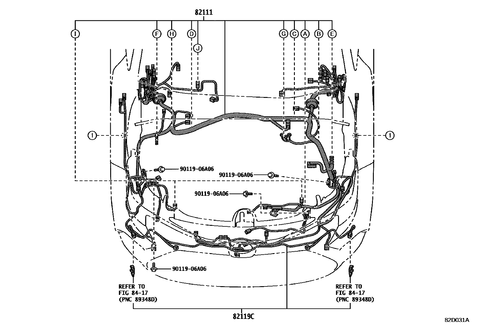 Toyota COROLLA 线束和卡夹 EPC diagram — 82D031A