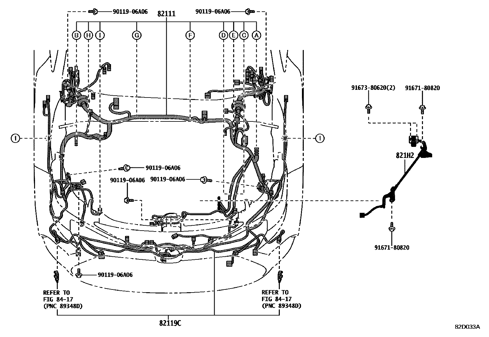 Toyota COROLLA 线束和卡夹 EPC diagram — 82D033A