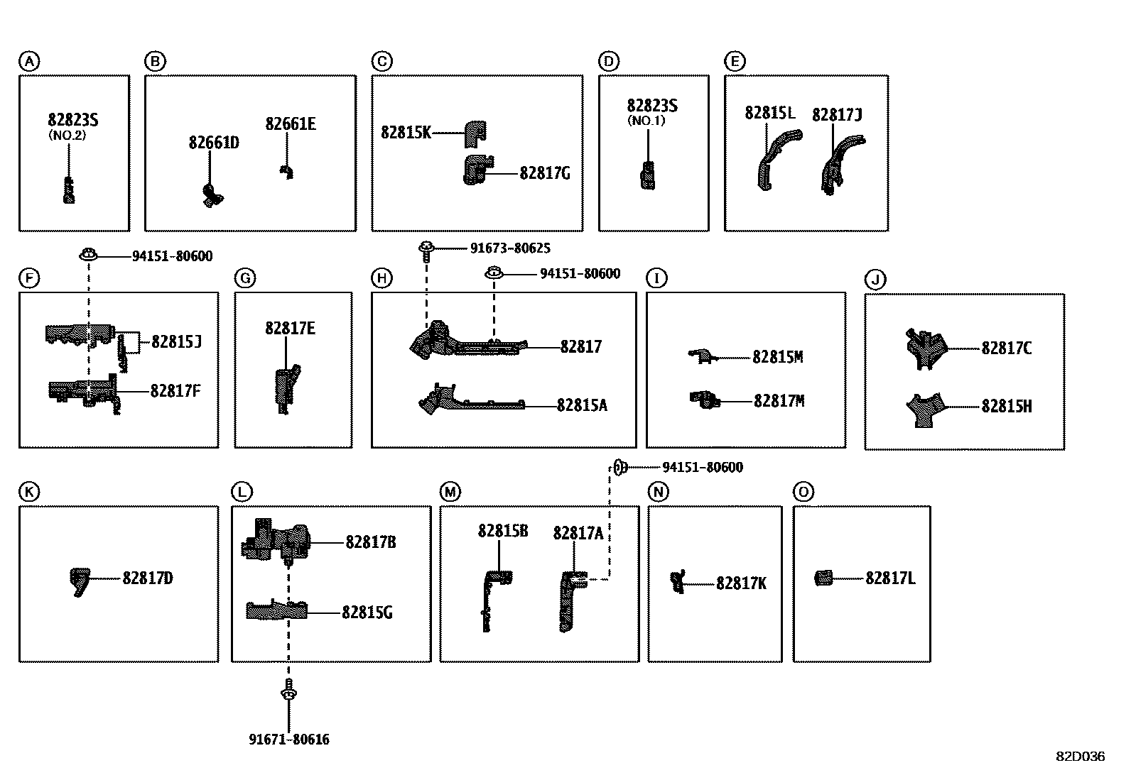 Toyota COROLLA 线束和卡夹 EPC diagram — 82D036