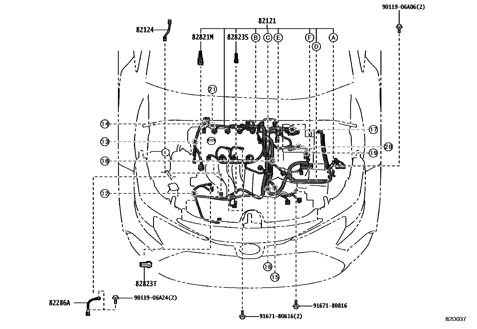 Toyota COROLLA 线束和卡夹 EPC diagram — 82D037