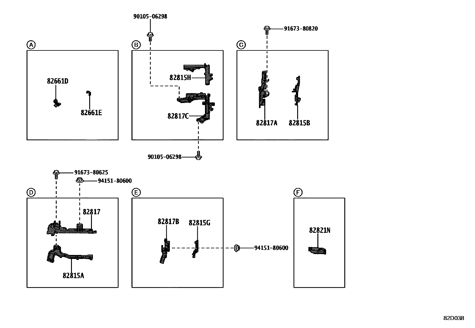Toyota COROLLA 线束和卡夹 EPC diagram — 82D038