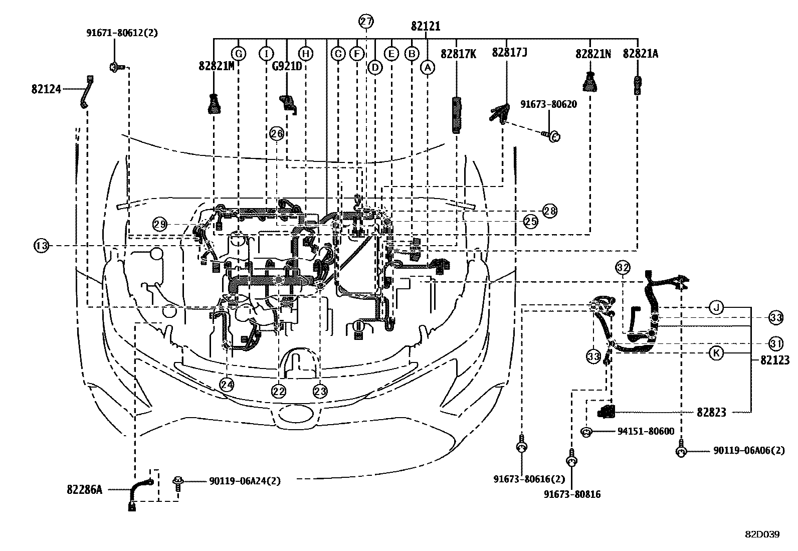 Toyota COROLLA 线束和卡夹 EPC diagram — 82D039