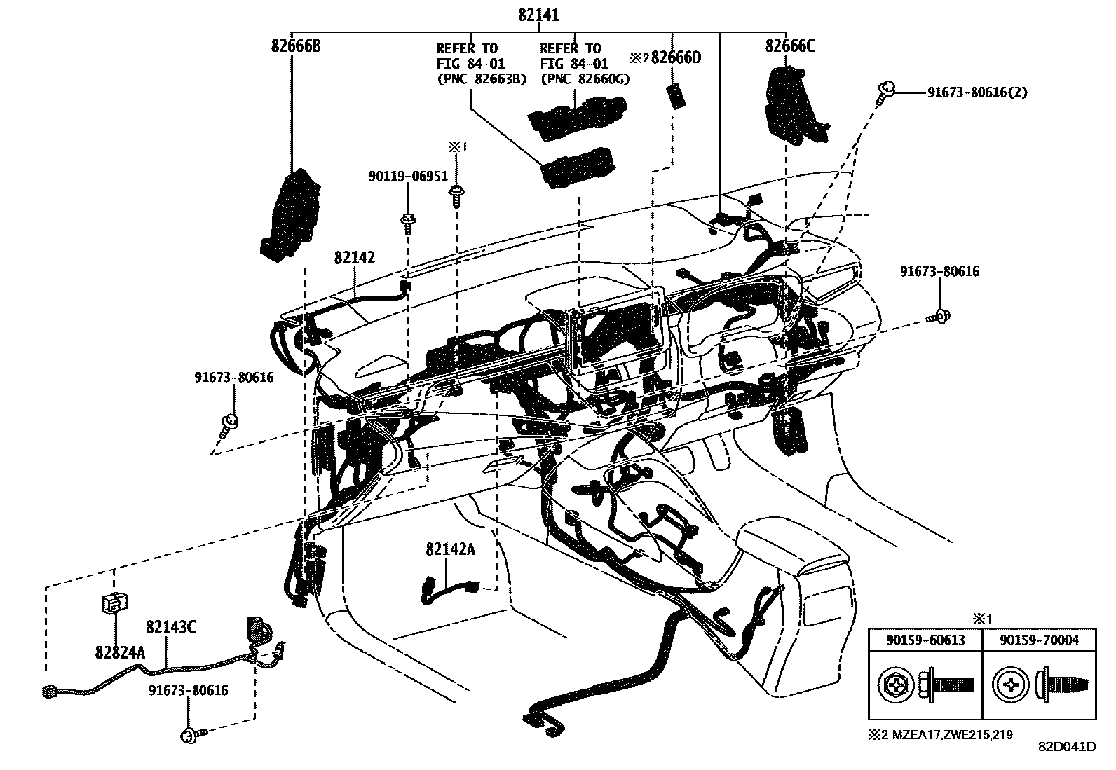 Toyota COROLLA 线束和卡夹 EPC diagram — 82D041D