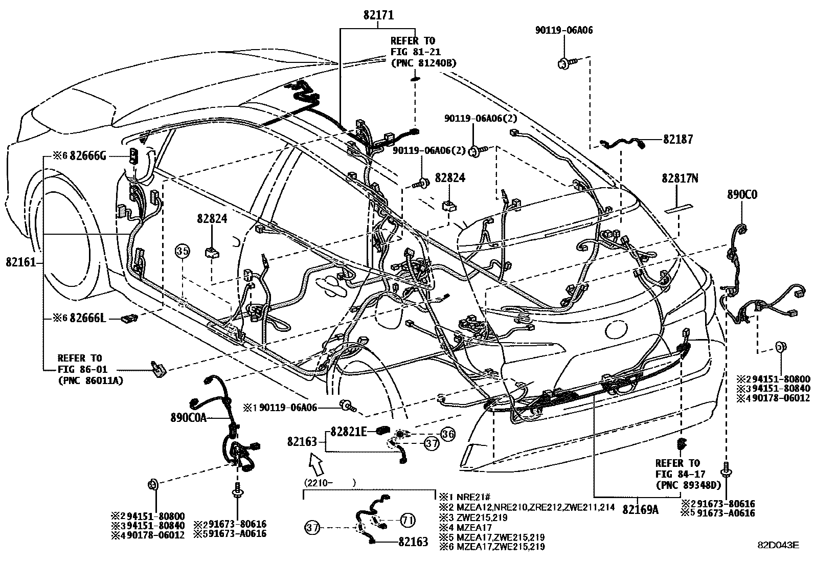 Toyota COROLLA 线束和卡夹 EPC diagram — 82D043E