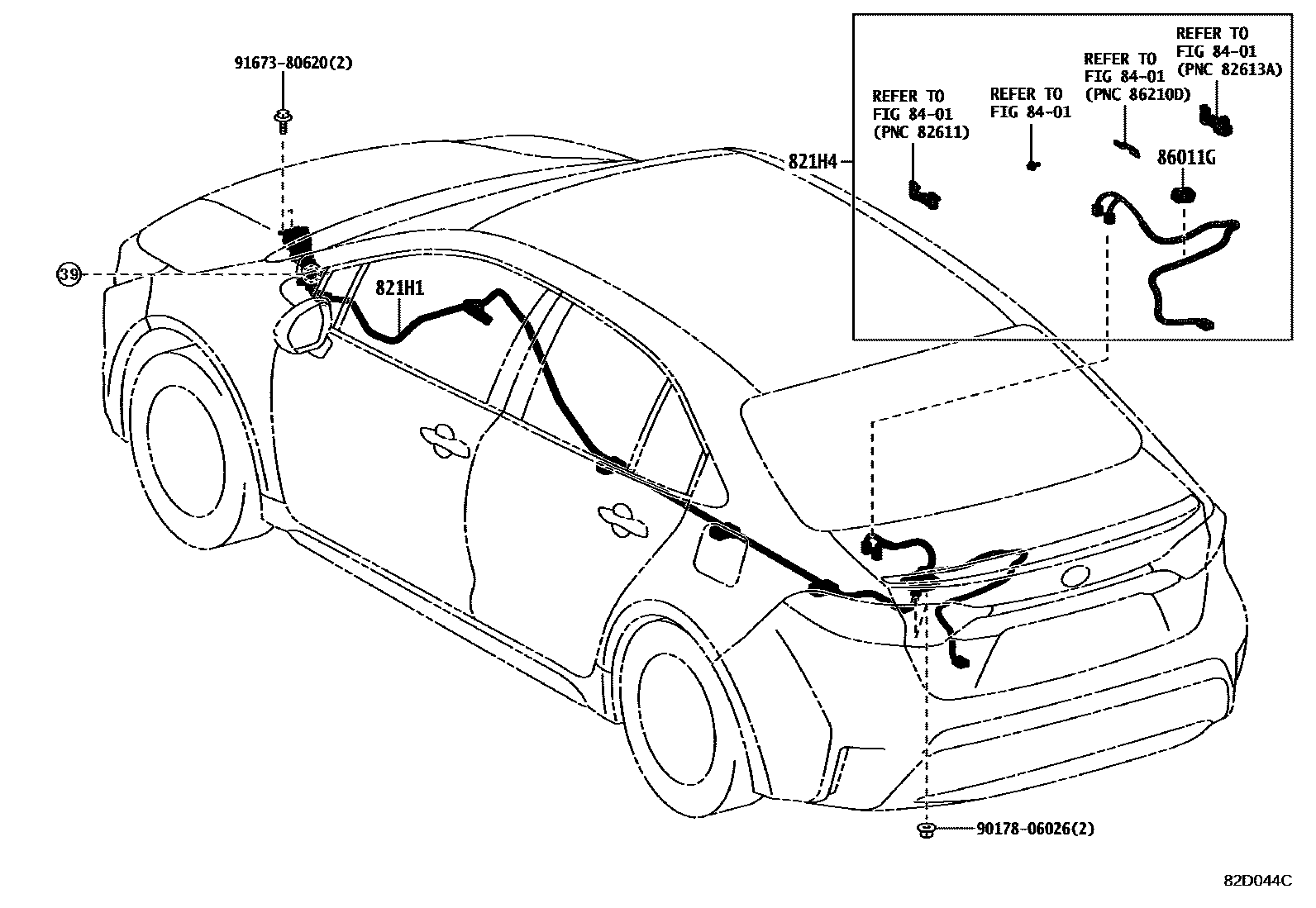 Toyota COROLLA 线束和卡夹 EPC diagram — 82D044C
