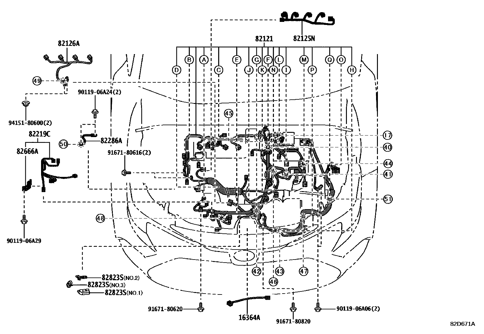 Toyota COROLLA 线束和卡夹 EPC diagram — 82D671A