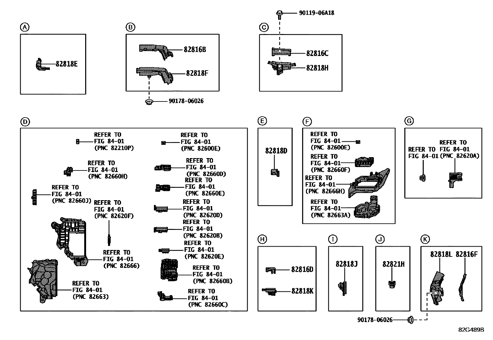 Toyota COROLLA 线束和卡夹 EPC diagram — 82G489B