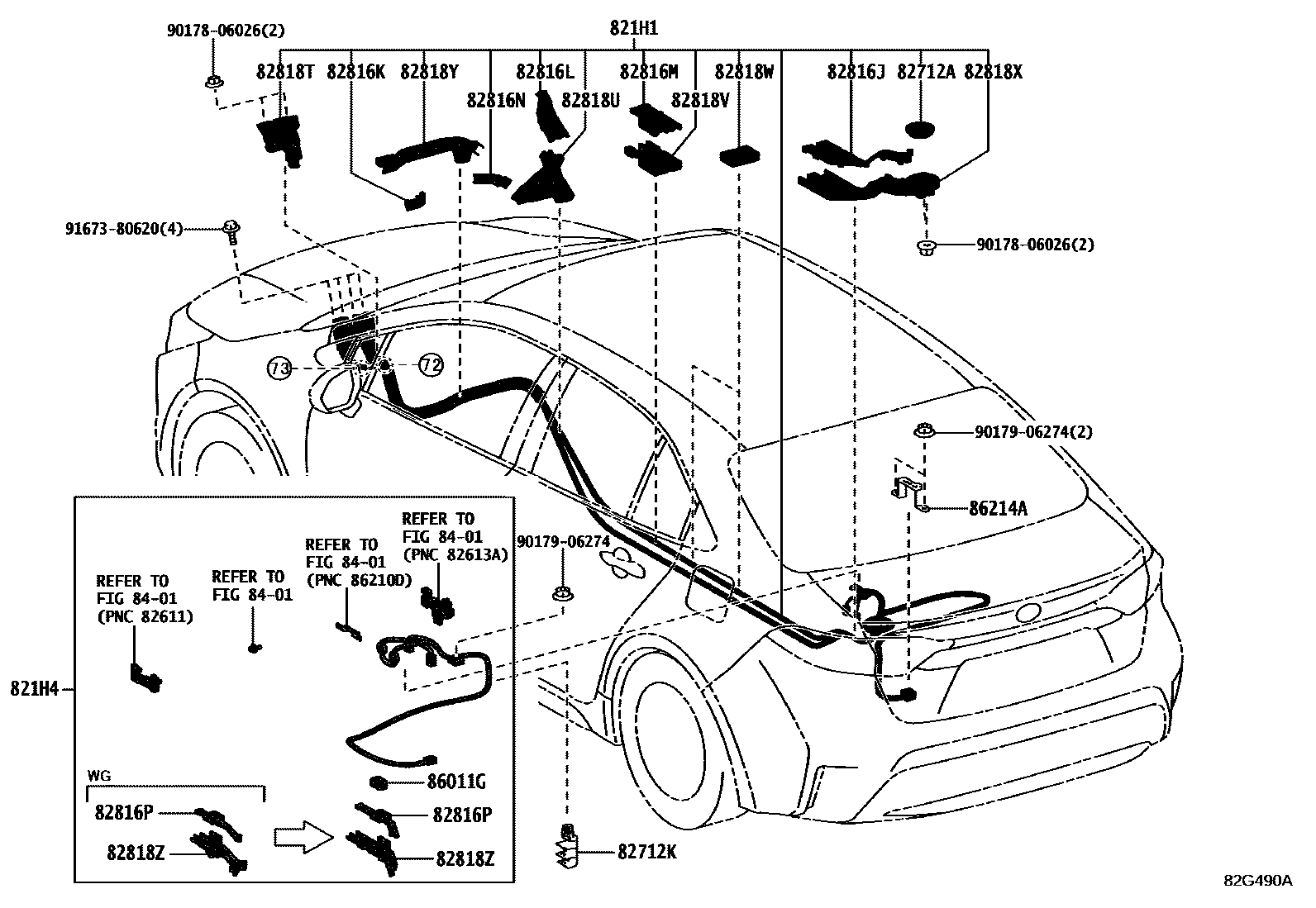 Toyota COROLLA 线束和卡夹 EPC diagram — 82G490A