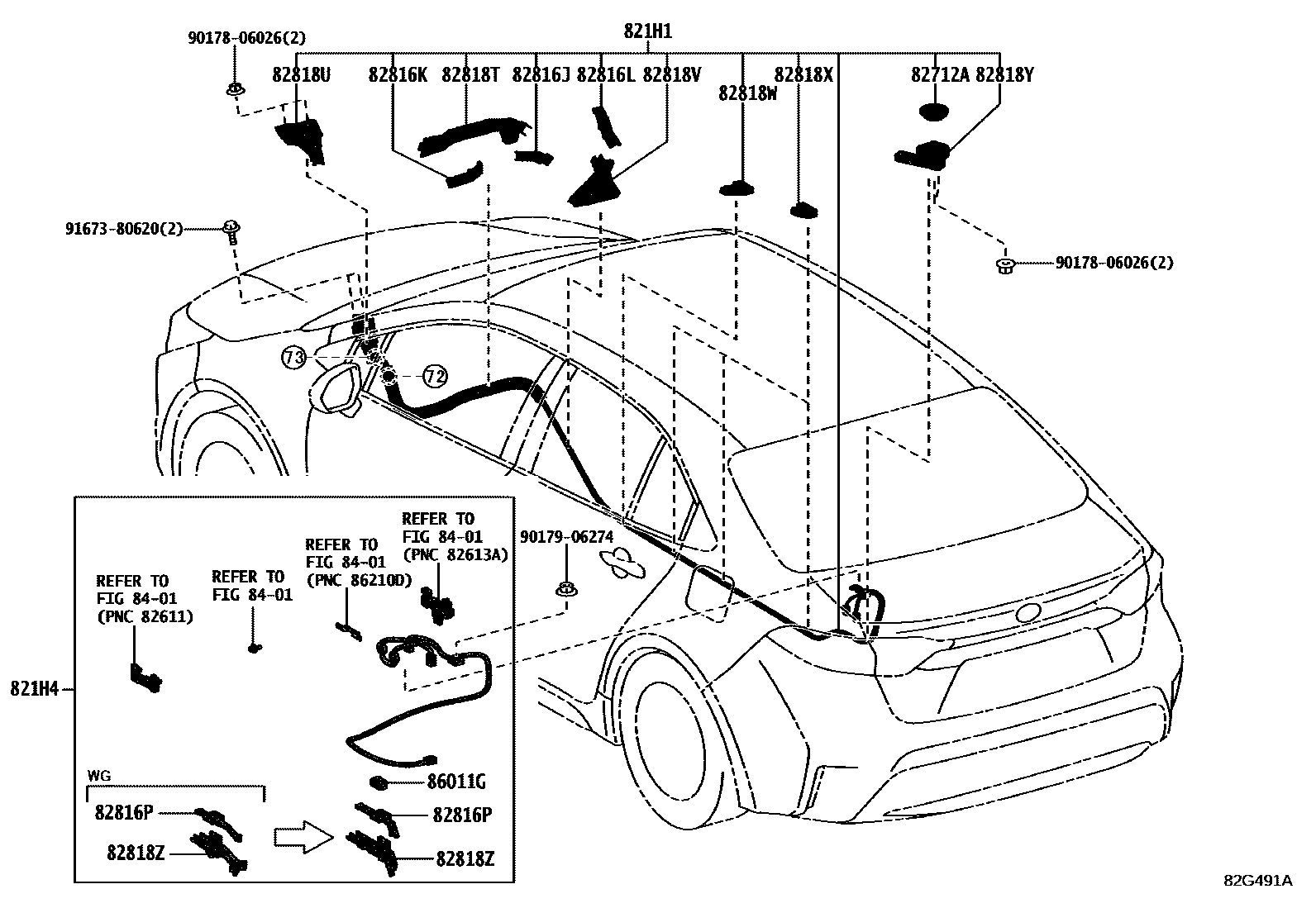 Toyota COROLLA 线束和卡夹 EPC diagram — 82G491A