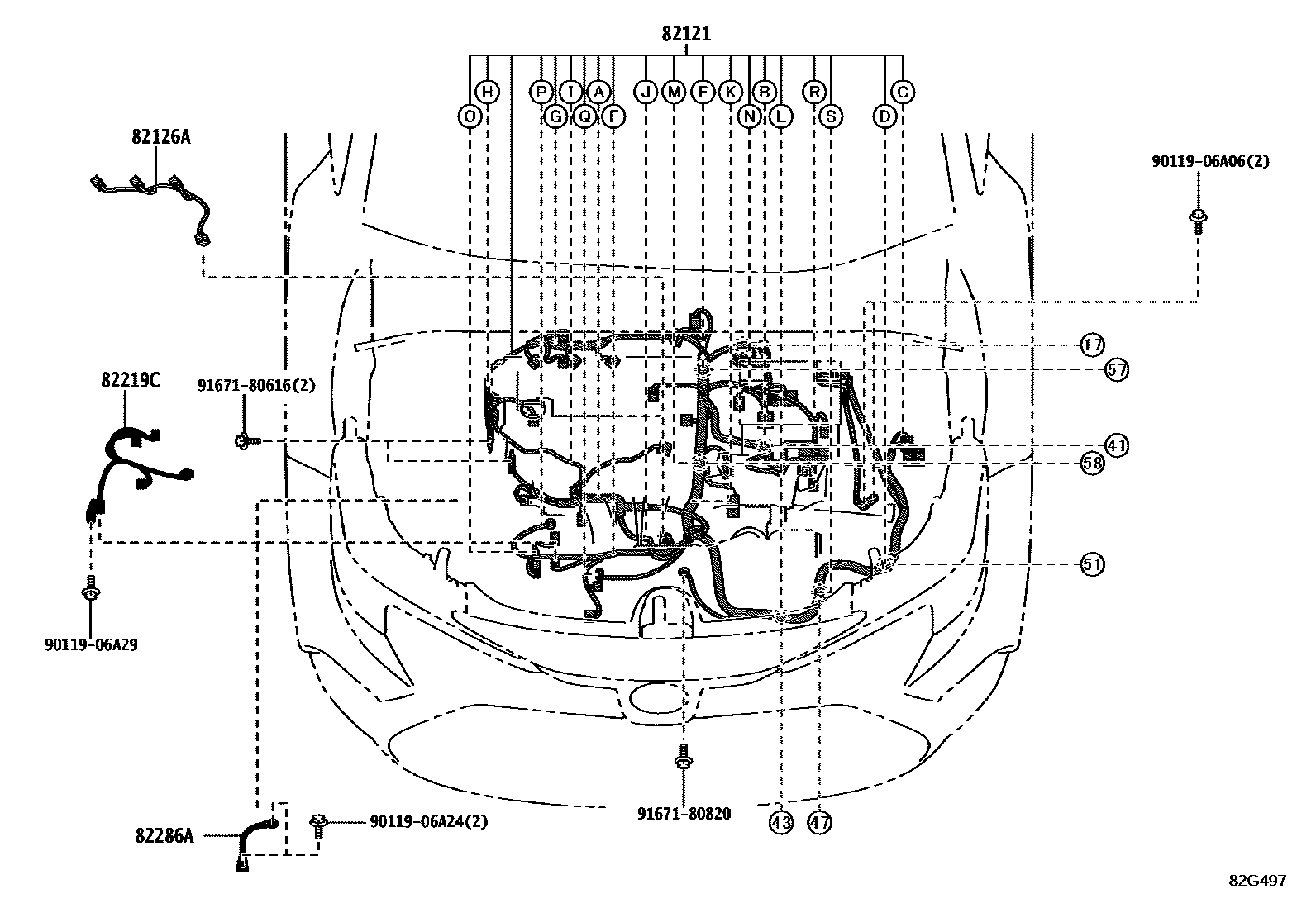 Toyota COROLLA 线束和卡夹 EPC diagram — 82G497