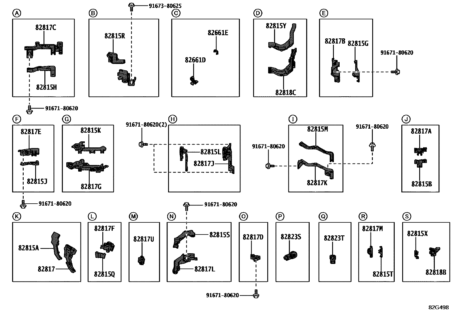 Toyota COROLLA 线束和卡夹 EPC diagram — 82G498