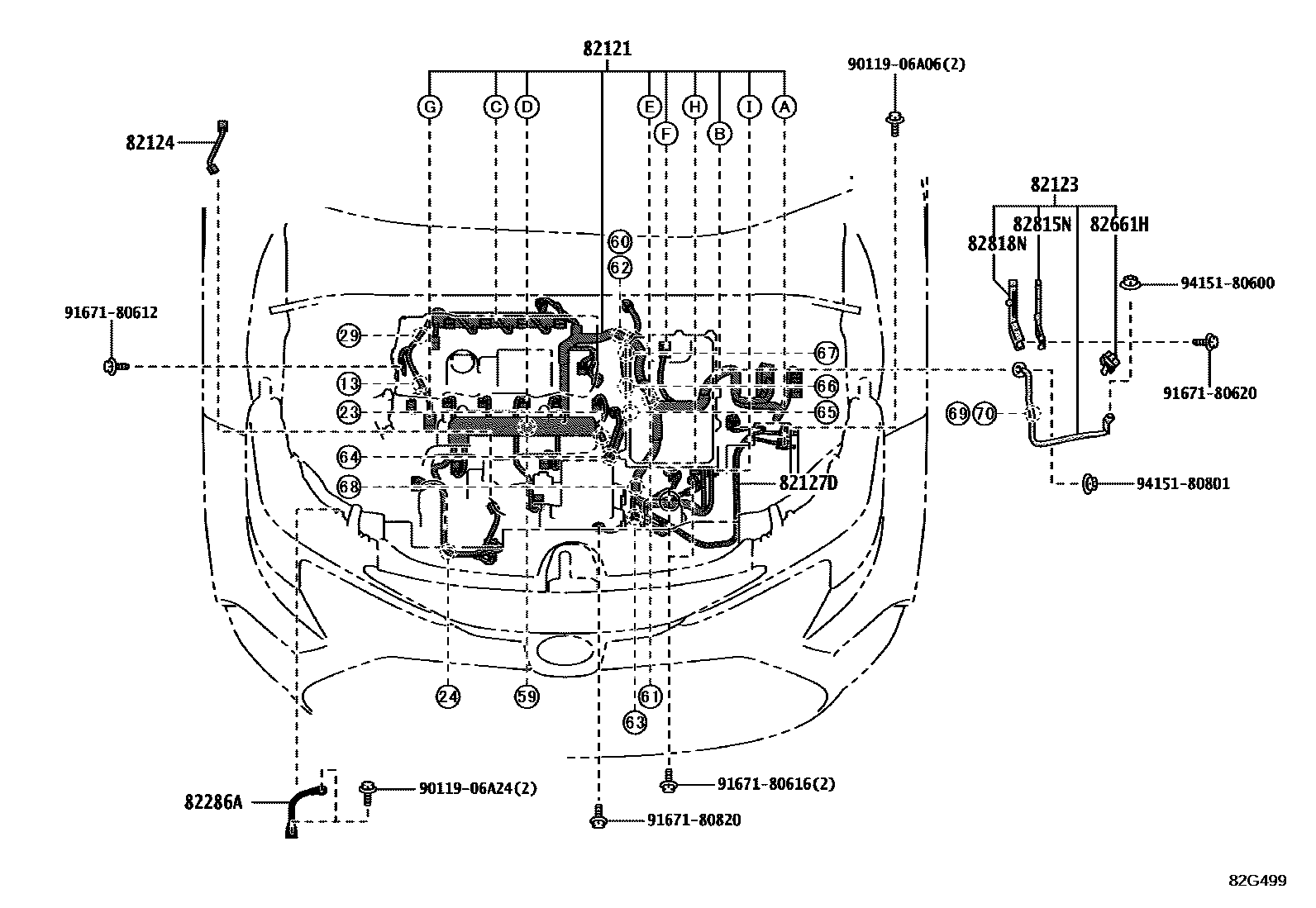 Toyota COROLLA 线束和卡夹 EPC diagram — 82G499