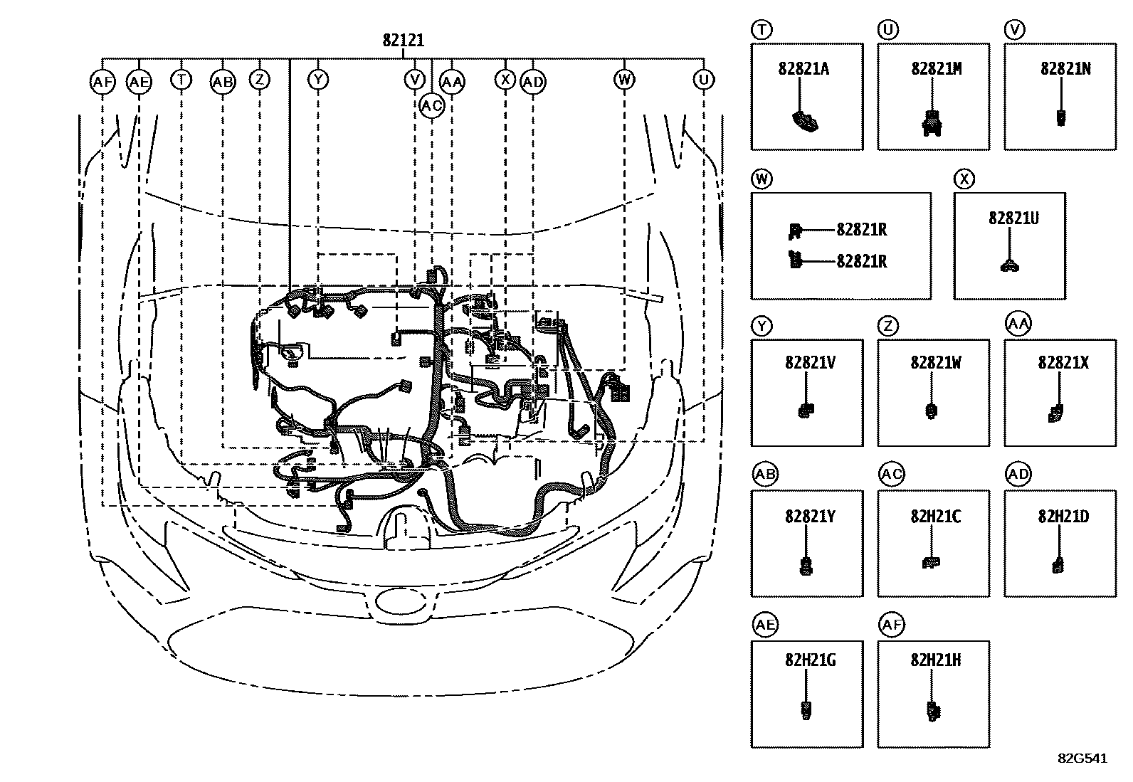 Toyota COROLLA 线束和卡夹 EPC diagram — 82G541