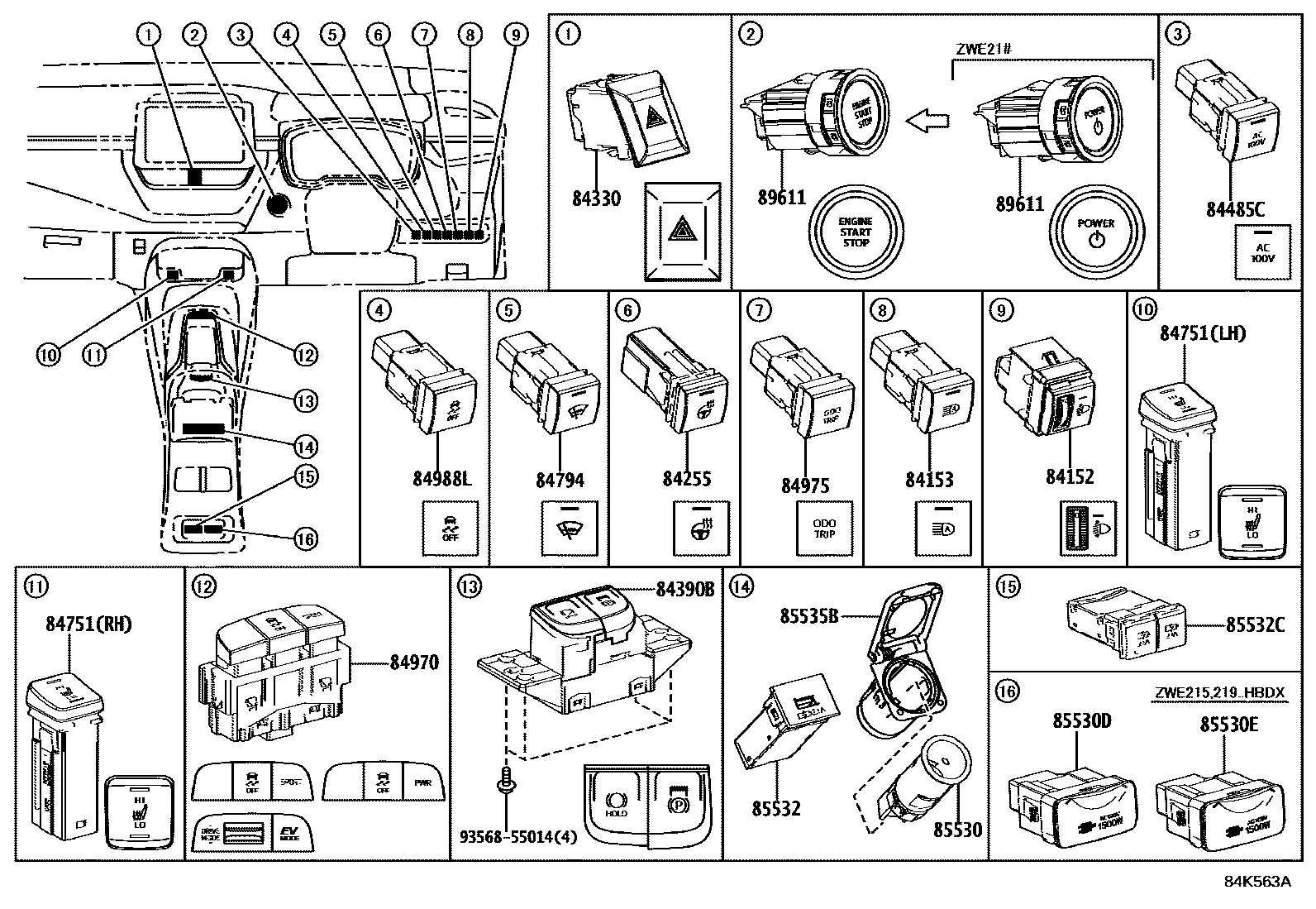 Toyota COROLLA 开关和继电器和ECU EPC diagram — 84K563A