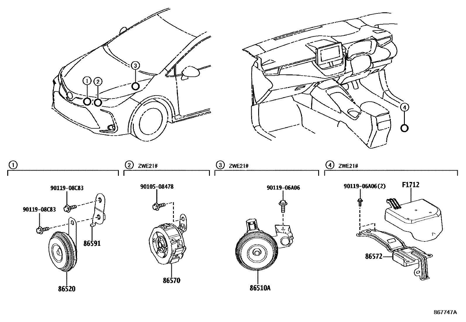 Toyota COROLLA 喇叭 EPC diagram — 867747A