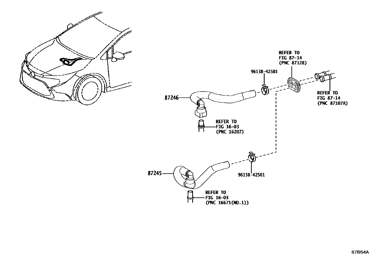 Toyota COROLLA 暖风和空调系统 - 水管 EPC diagram — 87I954A