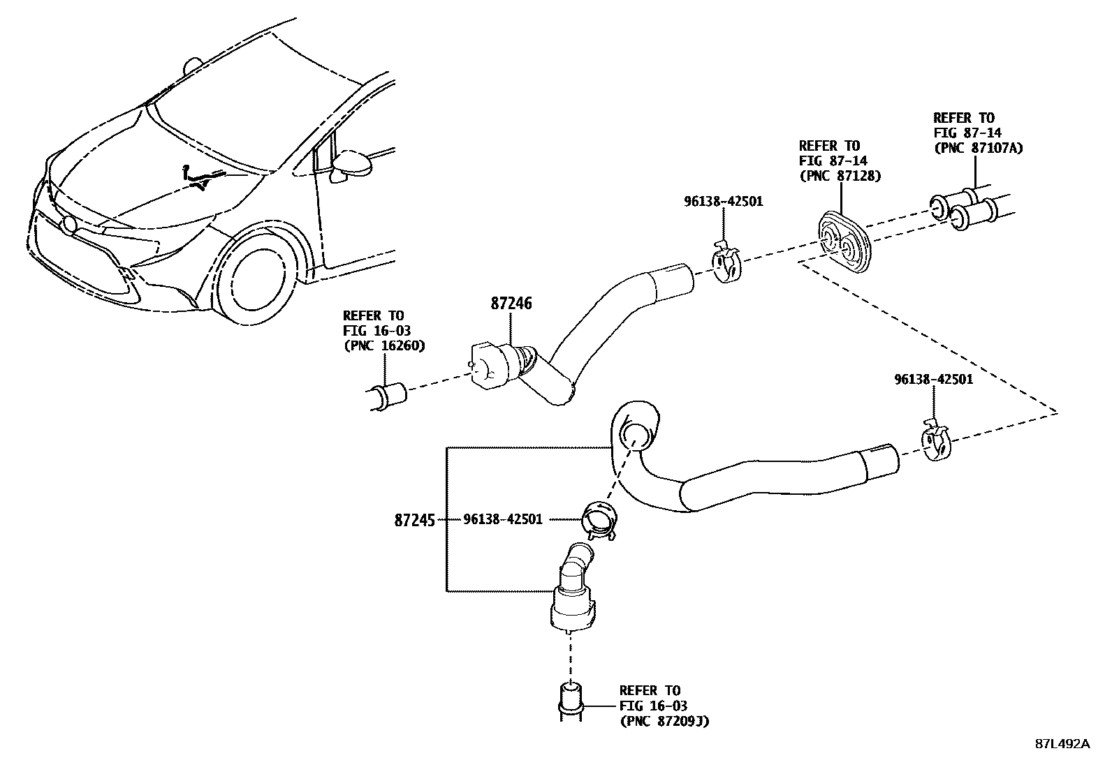 Toyota COROLLA 暖风和空调系统 - 水管 EPC diagram — 87L492A