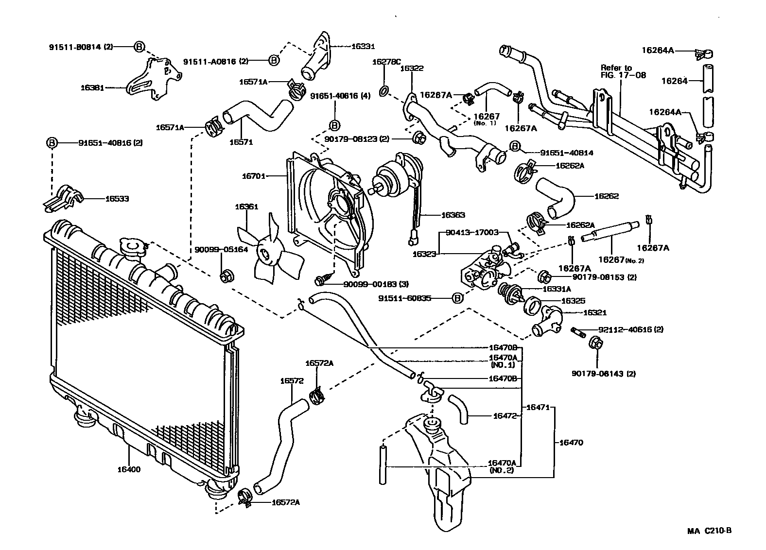 Toyota COROLLA RADIATOR & WATER OUTLET EPC diagram — MAC210B