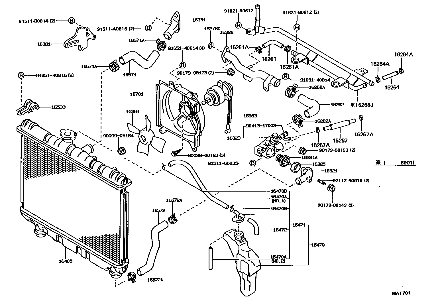 Toyota COROLLA RADIATOR & WATER OUTLET EPC diagram — MAF701