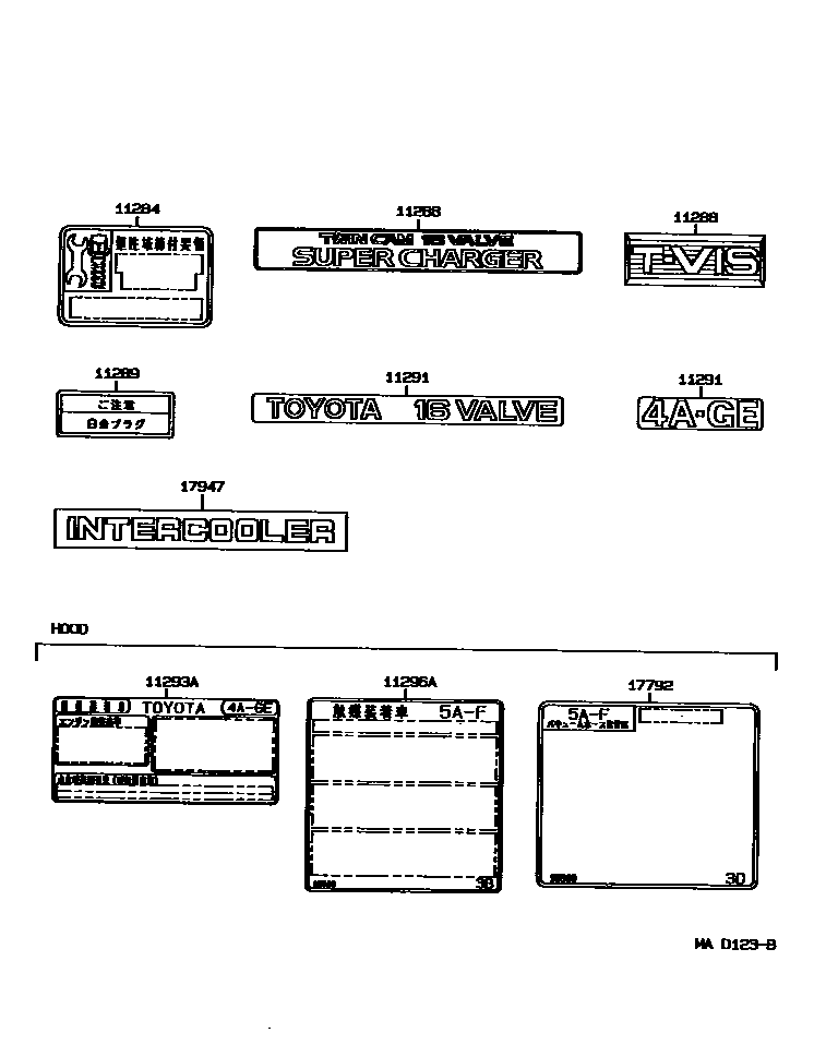 Toyota COROLLA 警示铭牌和名称铭牌(发动机) EPC diagram — MAD123B