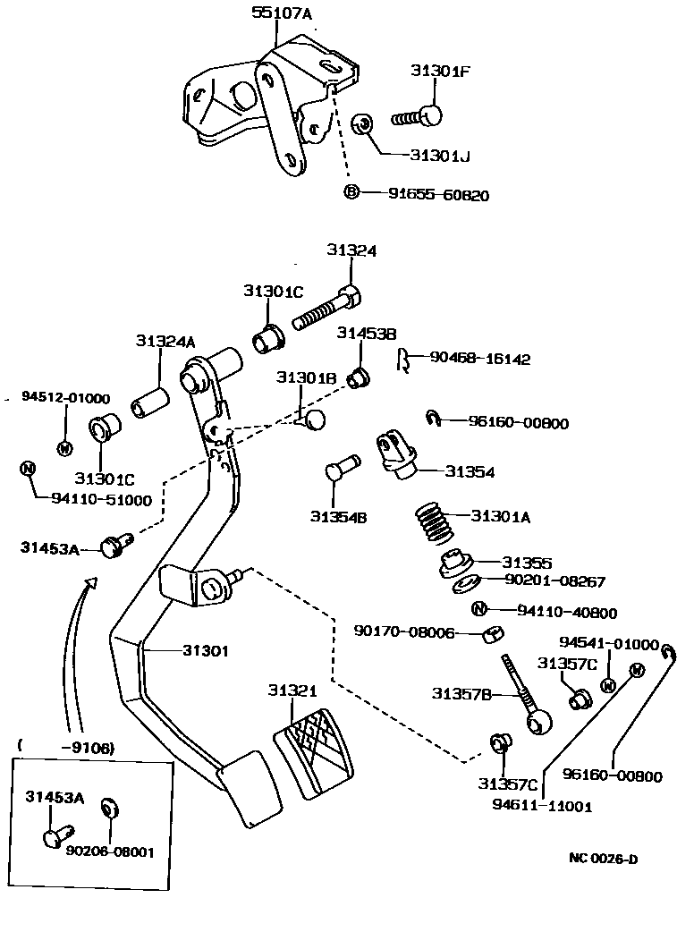 Toyota COROLLA 离合器踏板和挠性软管 EPC diagram — NC0026D