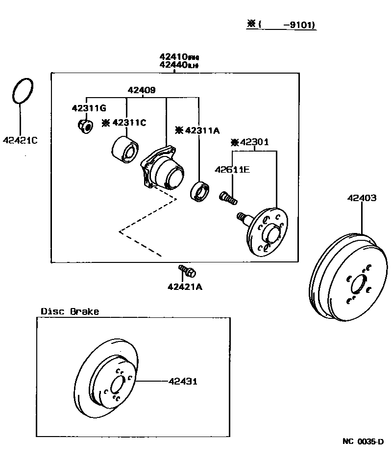 Toyota COROLLA 后桥半轴和后桥轮毂 EPC diagram — NC0035D
