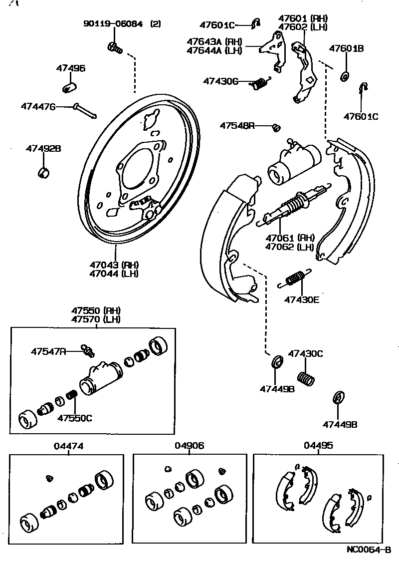 Toyota COROLLA 后鼓式制动器分泵和底板 EPC diagram — NC0064B