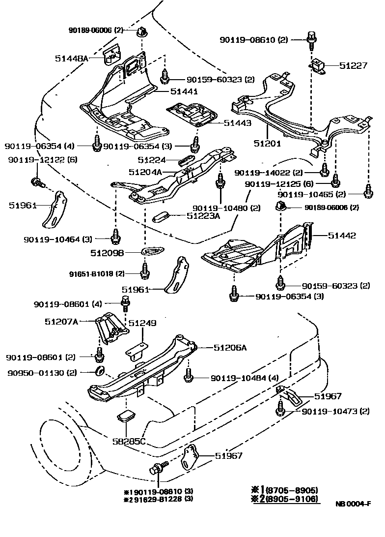 Toyota COROLLA 悬架横梁和发动机底罩 EPC diagram — NB0004F