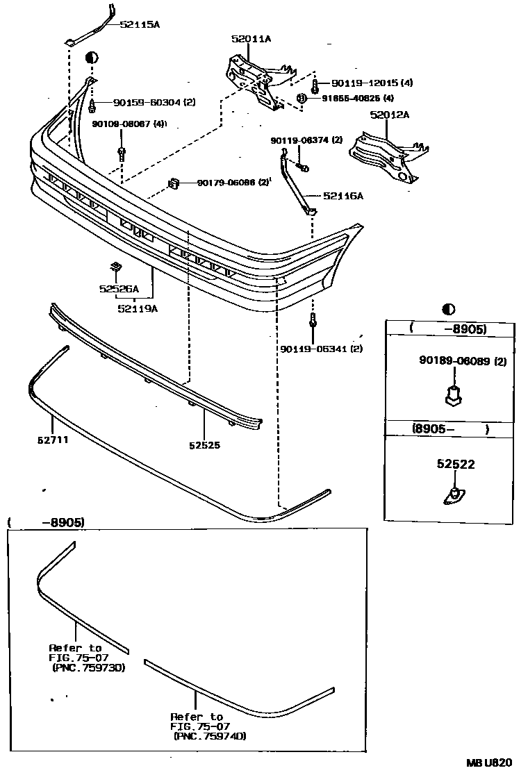 Toyota COROLLA 前保险杠及附件 EPC diagram — MBU820