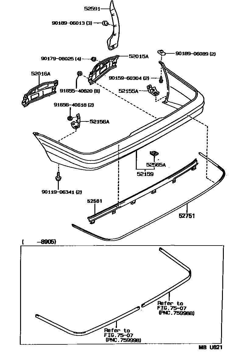 Toyota COROLLA 后保险杠及附件 EPC diagram — MBU821