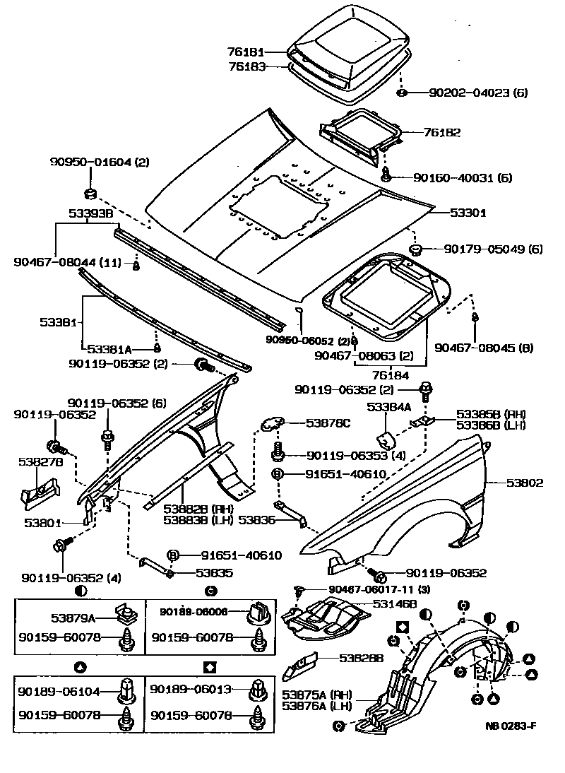 Toyota COROLLA 发动机盖和前翼子板 EPC diagram — NB0283F
