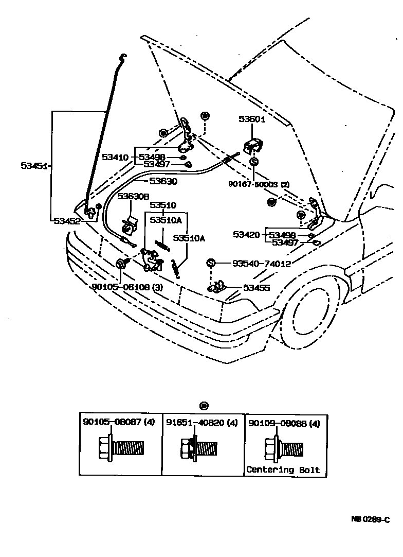 Toyota COROLLA 发动机盖锁和铰链 EPC diagram — NB0289C