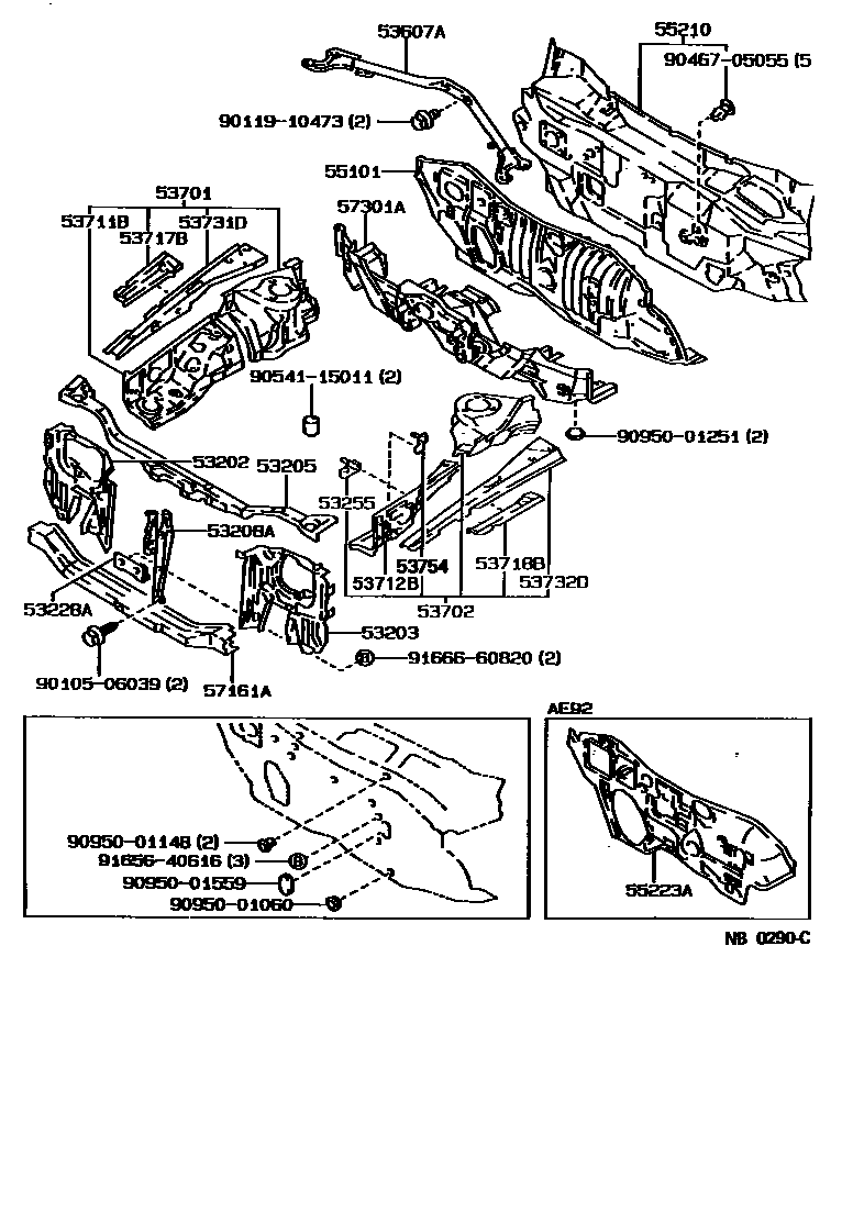 Toyota COROLLA 前翼子板挡泥板和前围板 EPC diagram — NB0290C