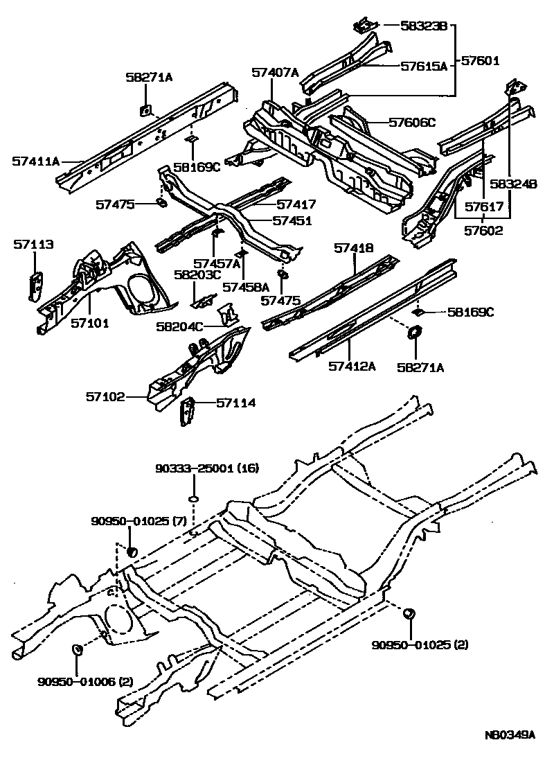 Toyota COROLLA Floor stringers EPC diagram — NB0349A