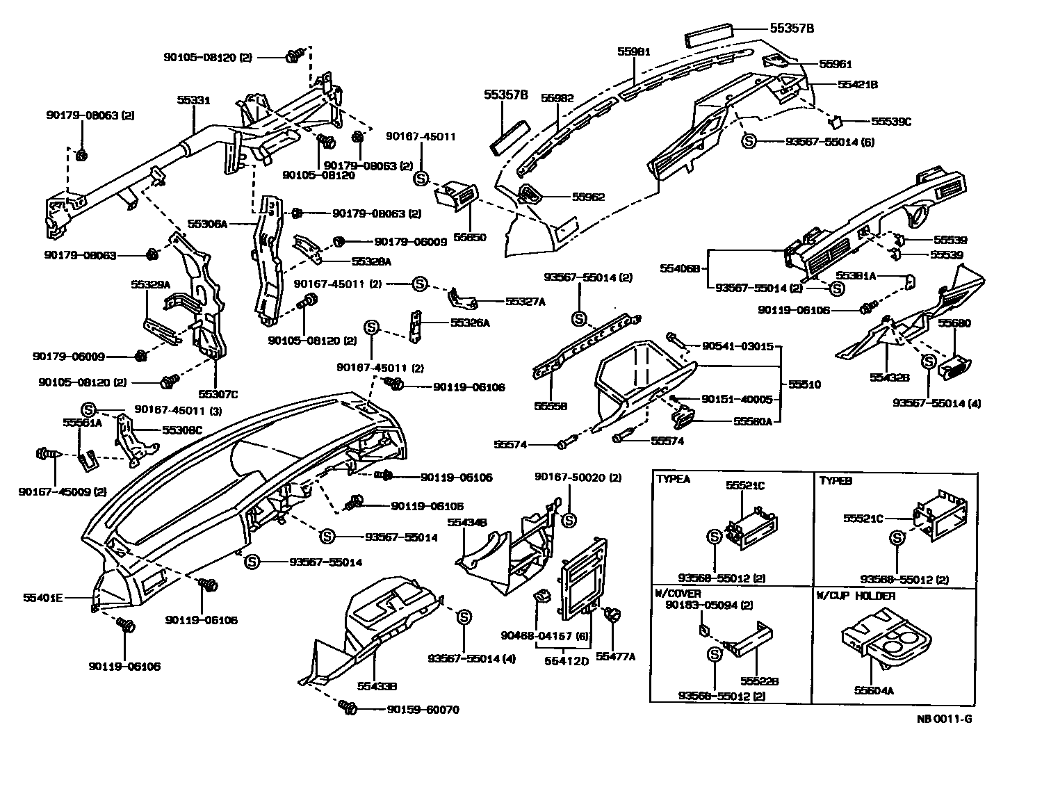 Toyota COROLLA 仪表板和手套箱 EPC diagram — NB0011G