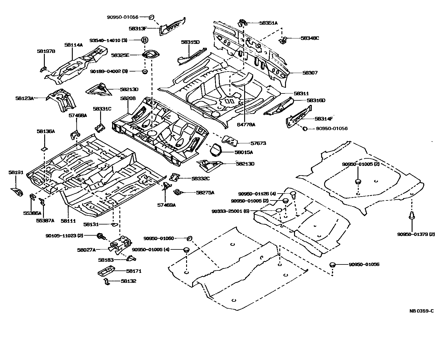 Toyota COROLLA 浅盘形地板和车身下背板 EPC diagram — NB0359C