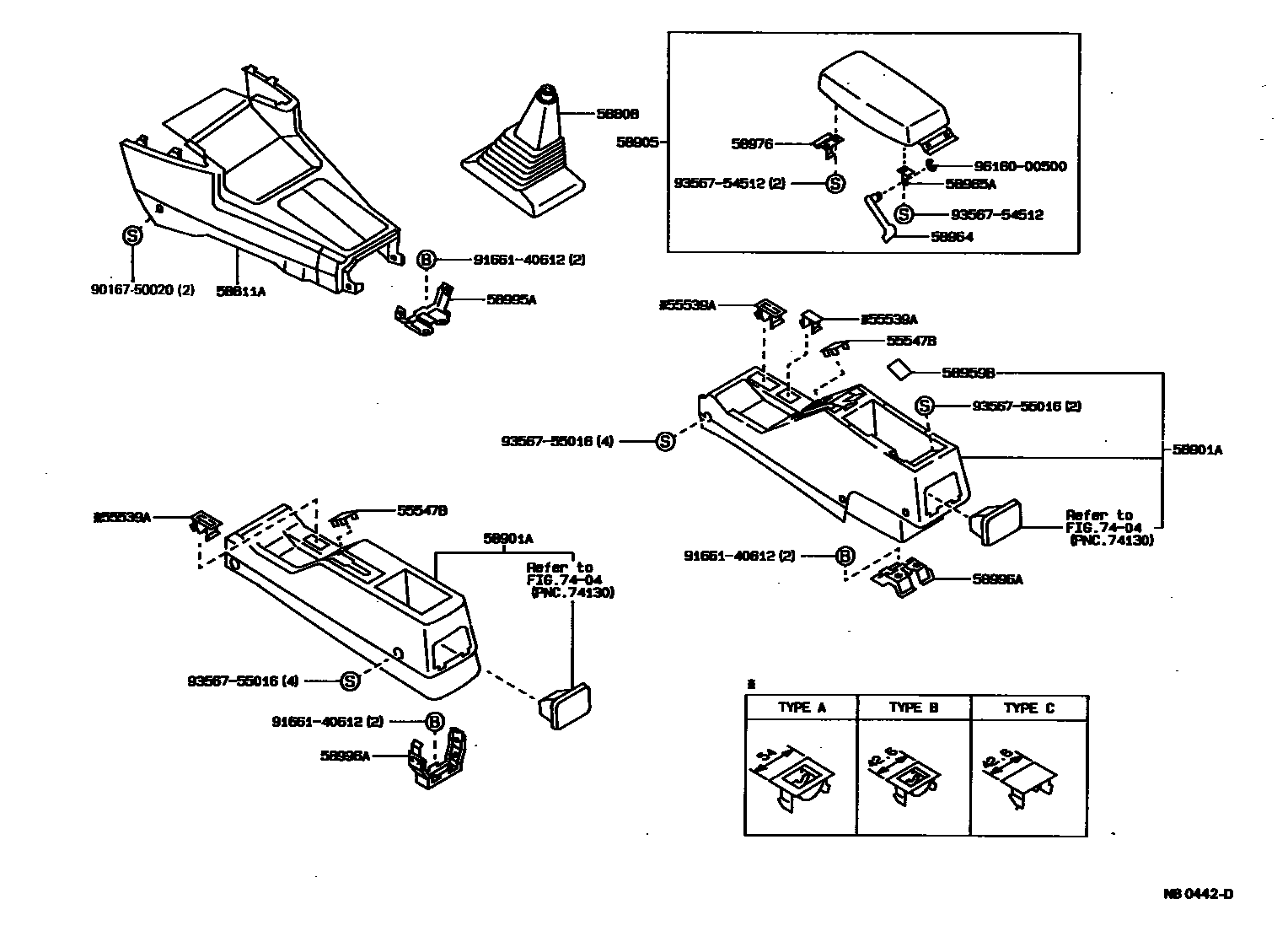Toyota COROLLA 中央扶手箱和支架 EPC diagram — NB0442D