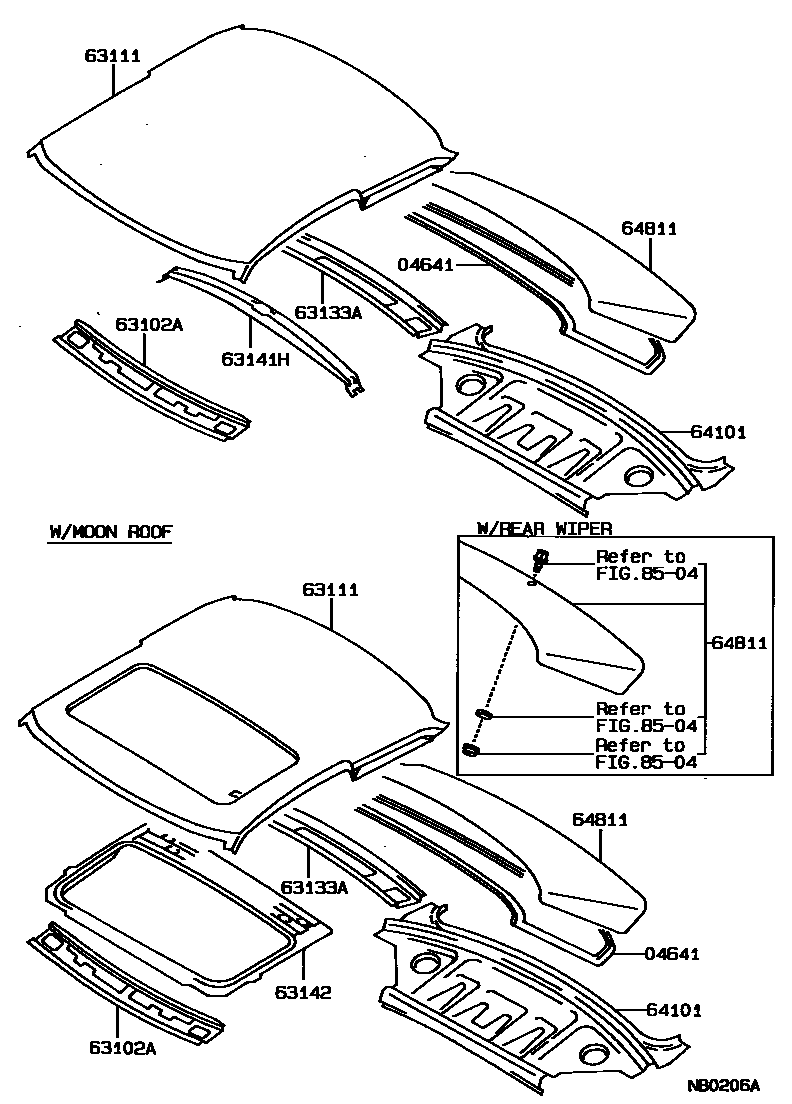 Toyota COROLLA 天窗板和背窗玻璃 EPC diagram — NB0206A
