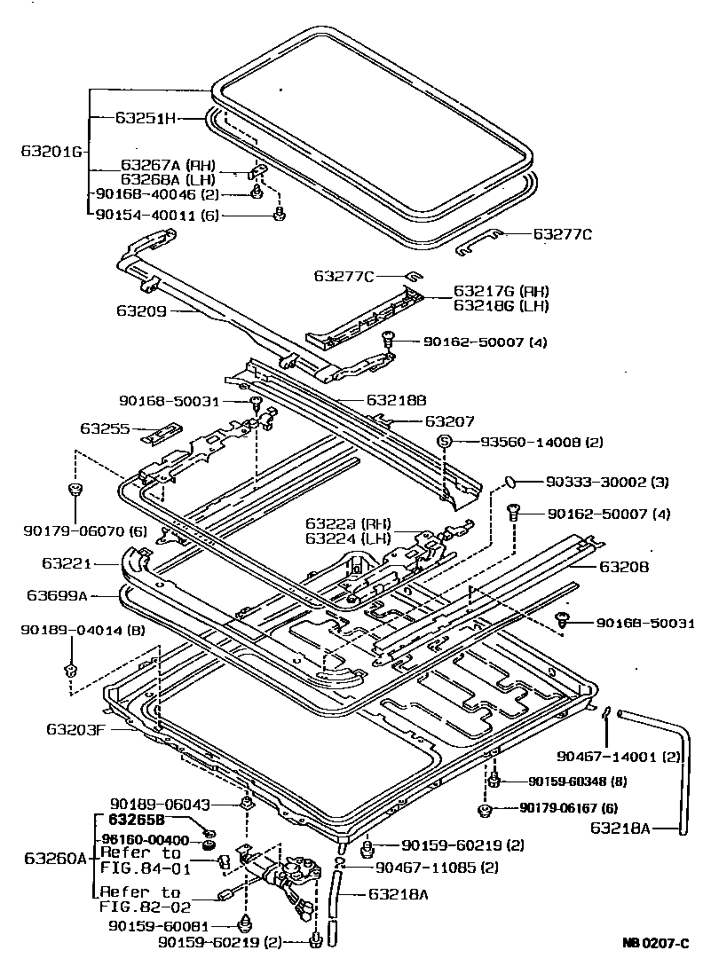 Toyota COROLLA 天窗板和背窗玻璃 EPC diagram — NB0207C