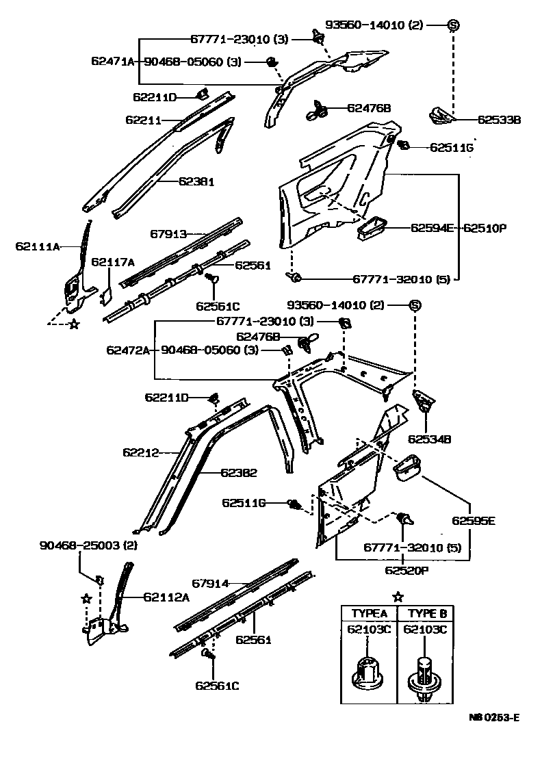 Toyota COROLLA 内饰板和车门防水胶条 EPC diagram — NB0253E
