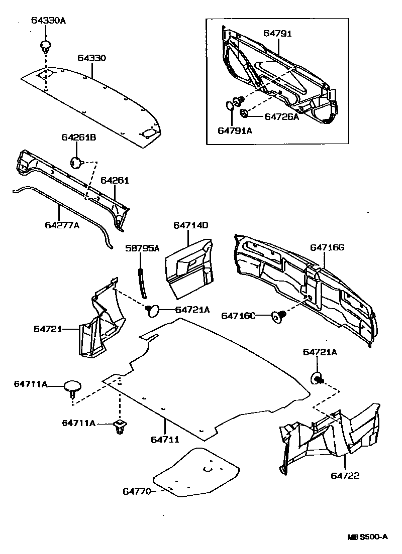 Toyota COROLLA 杂物箱板和行李箱垫 EPC diagram — MBS500A